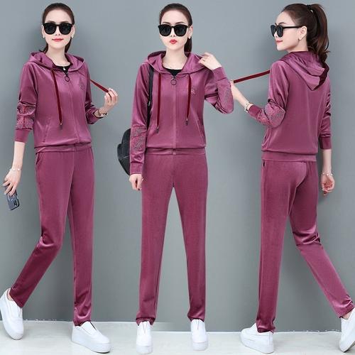 金丝绒运动套装女秋季2020新款洋气欧洲站跑步修身纯色休闲两件套视频