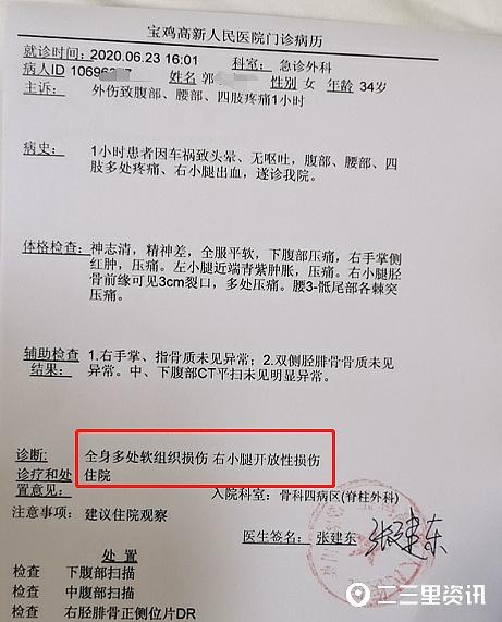 6月23日病例显示:多处软组织挫伤 右小腿皮肤裂伤