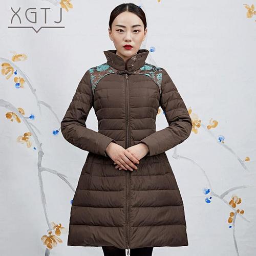雪国天娇2016秋冬新款中国风女装提花拼接修身文艺羽绒服女中长款
