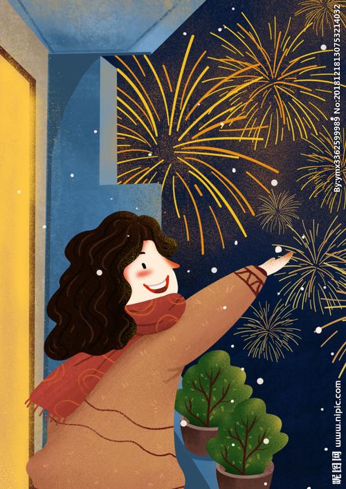 小清新手绘新年看烟花插画图片