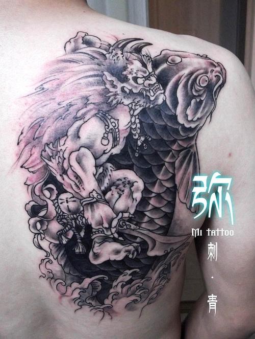 兰州弥刺青纹身工作室作品---巡海夜叉 手腕纹身-耶稣雕塑像,两张.