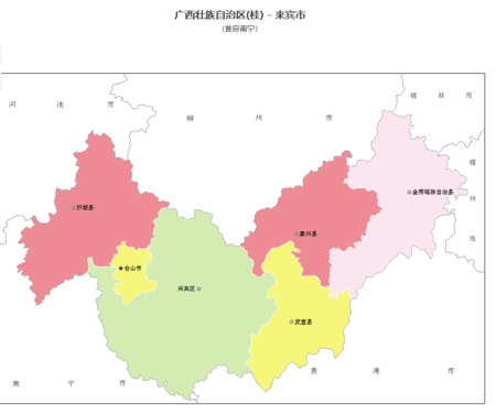 来宾市的行政区划图如下: 来宾市位于广西中部,故有"桂中"之称,居东