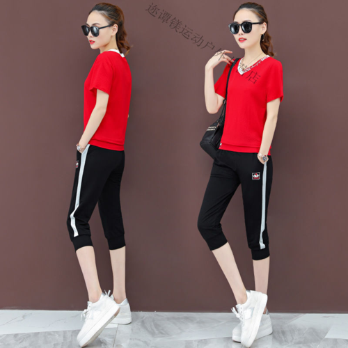 潮牌春装2020夏季新款韩版时尚v领短袖七分裤休闲运动套装女跑步服两