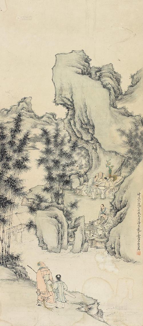 0372竹溪六逸图镜框设色纸本