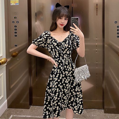 千雅薇小雏菊连衣裙女夏2020年新款碎花裙子v领长款过膝显瘦雪纺长裙