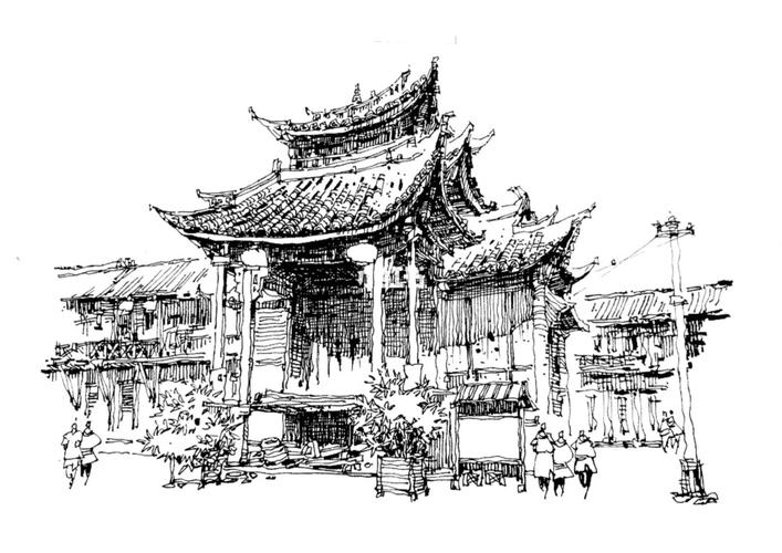 大理古城-戏台_大理古城_大理古城_速写_钢笔_钢笔速写_文化_绘画
