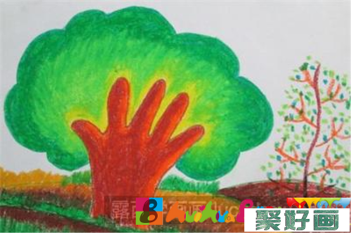 如图所示第三步,给树叶涂色,用深蓝,浅蓝,黄色三种颜色接色涂树叶.