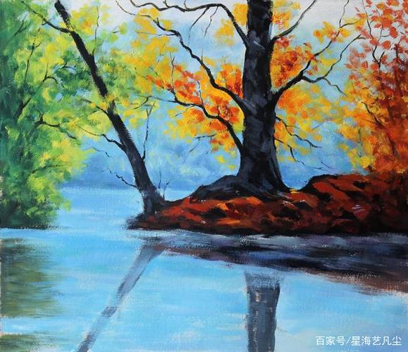 水粉风景教程,湖边秋色,美术培训课程鉴赏.by:冰峰画