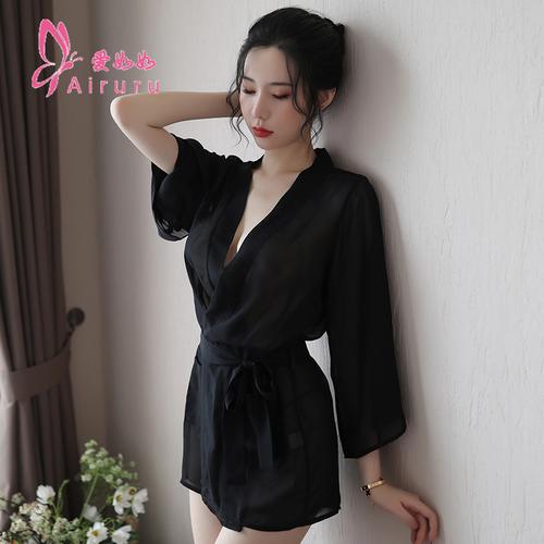 爱如如情趣内衣新品性感诱惑女装透明雪纺睡袍三点式浴袍套装外贸