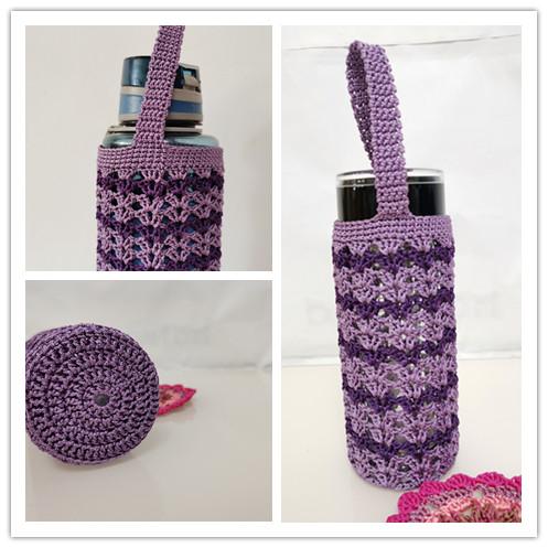 纯手钩水杯保护套紫水草花隔热防摔大小杯通用保温杯套提绳可定制