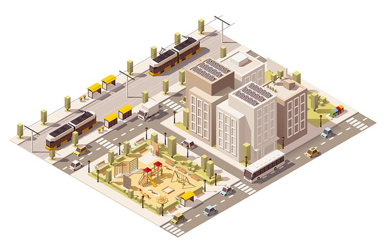 2.5d城市建筑街道马路汽车植物公园小区有轨电车等场景插图
