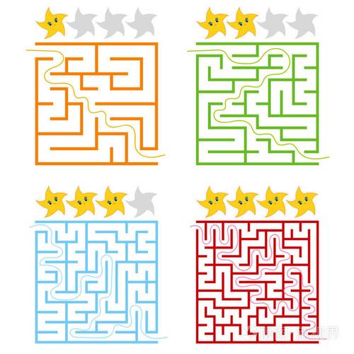 一套方形彩色迷宫有星星的等级四个层次的困难简单的平面矢量插图隔离