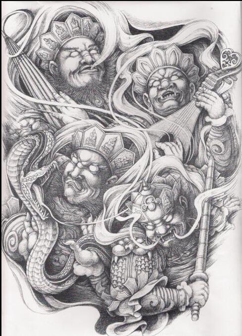 一款四大天王纹身手稿图案由武汉纹身提供