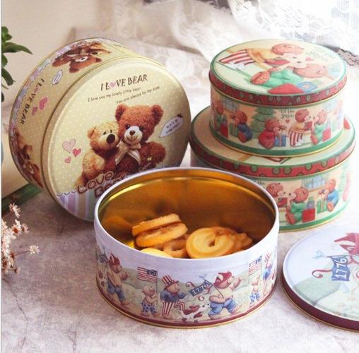 饼干盒小熊圆形卡通曲奇饼干盒子铁盒烘培包装盒牛轧糖盒罐慕斯盒