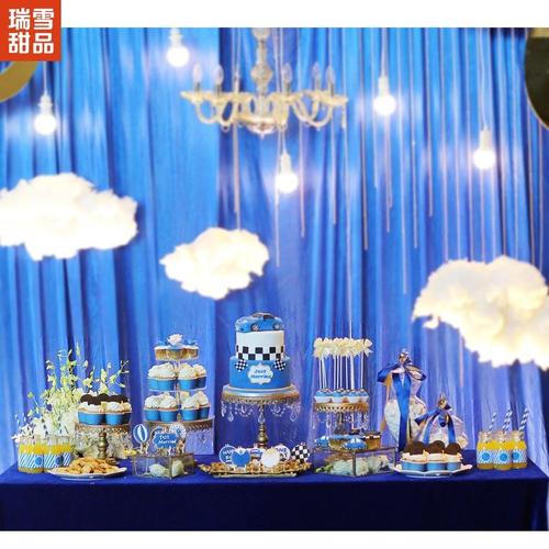 儿童生日蓝色男宝男孩满月周岁十岁甜品台宝宝宴赛车汽车主题摆台