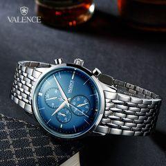 valence华轮时商务手表男多表盘时尚钢带手表蓝色石英