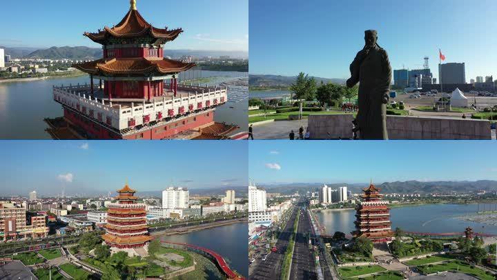 航拍太原清徐县东湖罗贯中水塔醋业4k