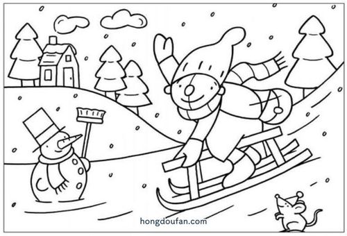 冬季运动会!坐雪橇的小男生涂色简笔画大全