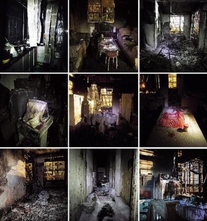 上海胶州路被烧教师公寓大楼内部一片狼藉.