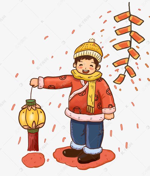 放鞭炮男孩提灯笼