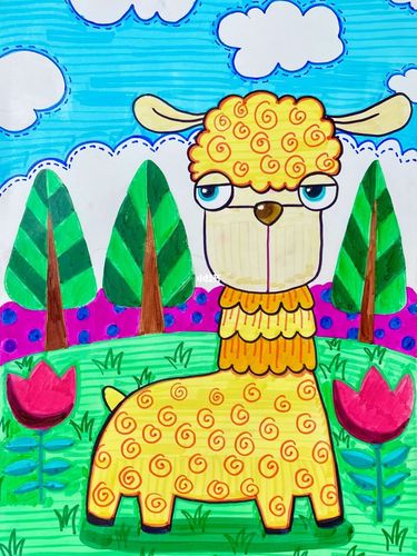 五岁77儿童画《可爱的羊驼》水彩笔画_羊驼_儿童画