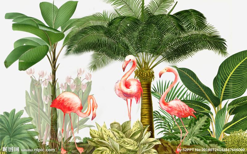 北欧小清新热带雨林火烈鸟背景墙图片