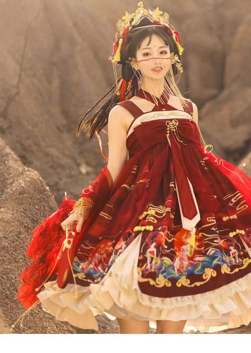 均欣正太炎兽吊带裙jsk洛丽塔学生连衣裙lolita中华风红色国风露肩