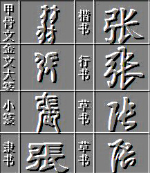 张字的甲骨文,隶书,金文,行书,草书
