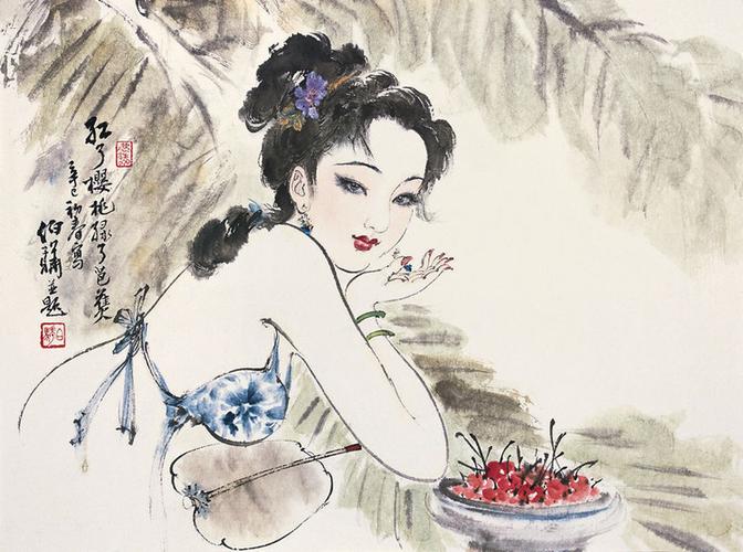 当代著名国画家 白伯骅作品《回眸一笑百媚生》写意