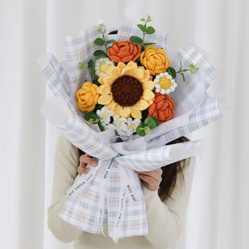diy针织毛线向日葵玫瑰混搭花束花艺包装钩针材料包套装送女朋友