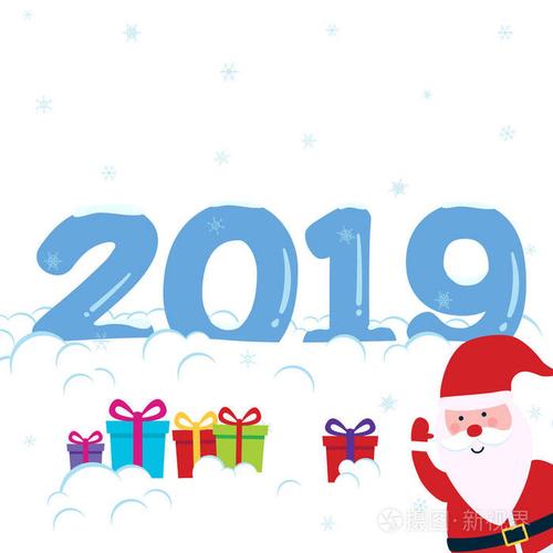 2019问候明信片下雪向量插图与冻结的数字, 雪, 雪花