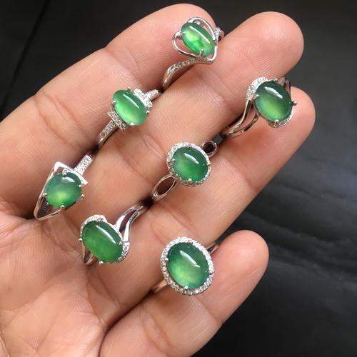 缅甸天然a货翡翠戒指冰种阳绿蛋面镶嵌s925纯银指环女