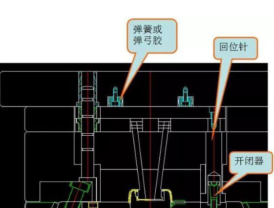无法做母模行位而选取一种斜顶结构,它是在a板内设计一组顶针板
