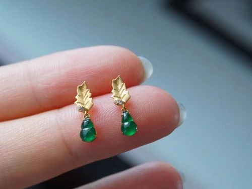 new天然a货翡翠满绿小葫芦18k黄金镶嵌耳环民族风小巧耳饰现货