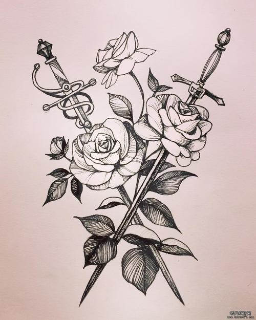 黑灰玫瑰花剑纹身图案