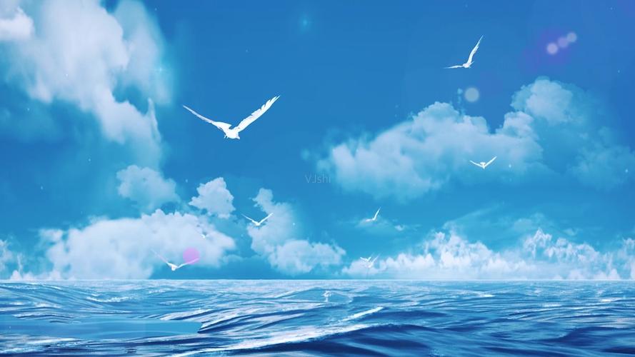 蓝天白云海洋海鸥飞翔唯美意境_1920x1080_高清视频