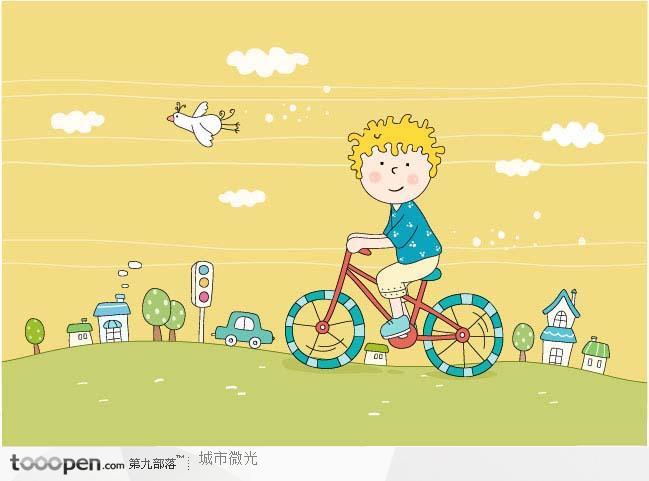 快乐童年插画- 起着脚踏车的男童