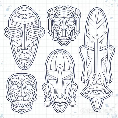 矢量素描图标, 一套非洲族裔部落面具.礼节标志
