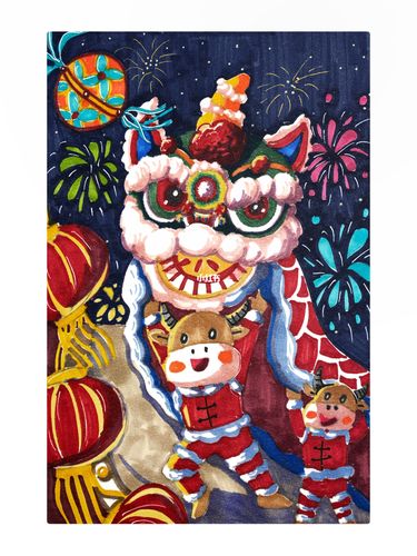 儿童画|金牛舞狮/牛气冲天_儿童画_舞狮_金牛座_儿童画_人文_绘画