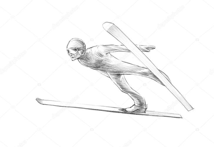 名称:半空中的跳台滑雪运动员的手绘草图铅笔插图
