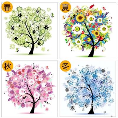 5d满钻钻石画春夏秋冬四季树四联画魔方钻十字绣水晶钻贴钻石绣