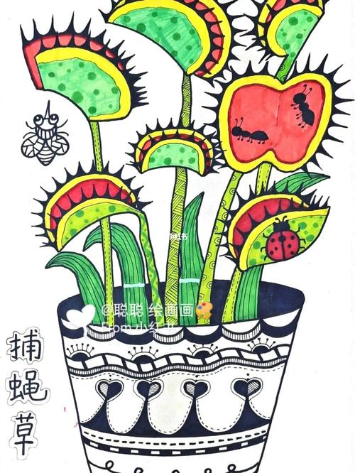 创意线描画96捕蝇草_石家庄自由行热门攻略_线描_临摹_儿童创意线描