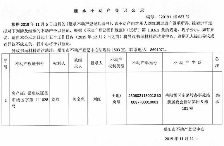 继承不动产登记公示 编号:(2019)继687号(刘红,房产证