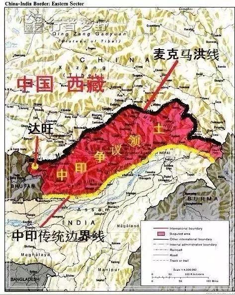 (黑色线就是麦克马洪线,黄色线是中国承认的国界线)