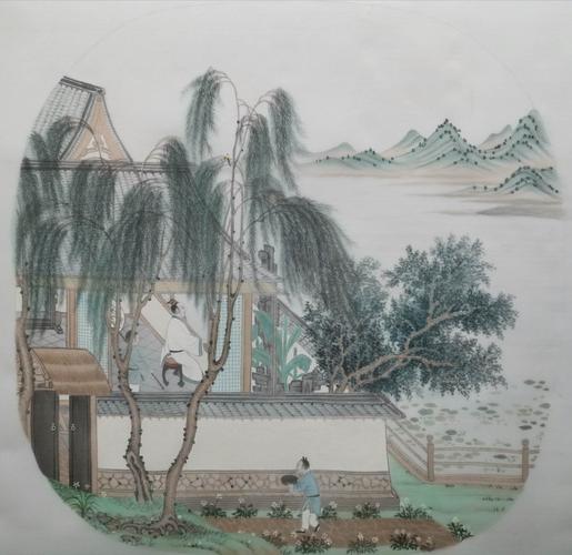 喻炜青《柳院消暑图》28.7ⅹ29cm