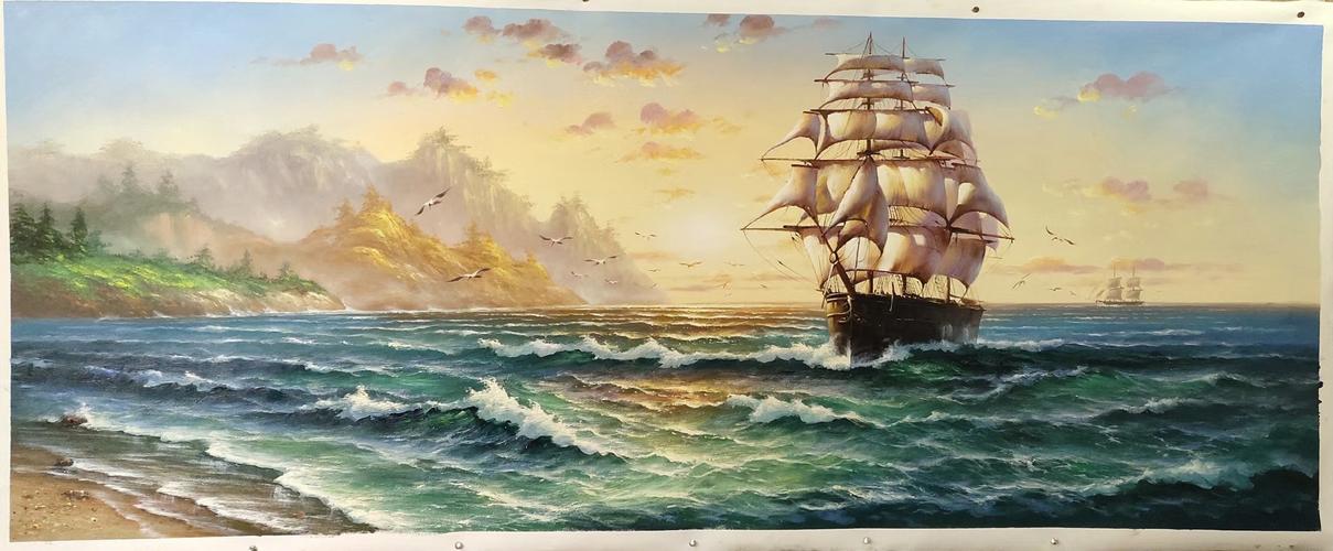油画手绘一帆风顺顺佳寓意帆船客厅卧室玄关油画