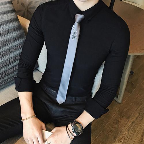 秋季修身黑衬衫男长袖英伦纯色韩版青年弹力紧身发型师西装衬衣潮