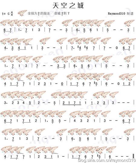 谁有12孔陶笛天空之城的曲谱(要游学志版本的指法)开头是2 3 4 3|6 3.