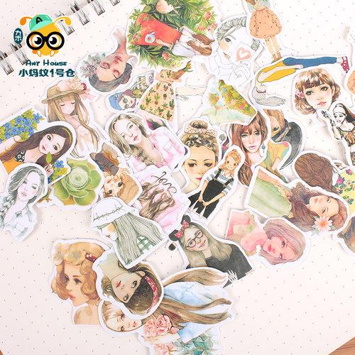 卡爱女孩贴纸包 手绘美少女森女系列日韩手帐表情 清新装饰小贴纸