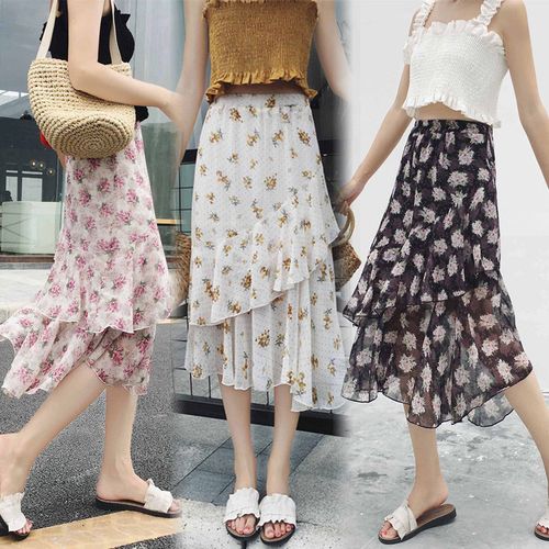 雪纺不规则碎花半身裙夏女韩版2018新款高腰chic风中长款鱼尾裙